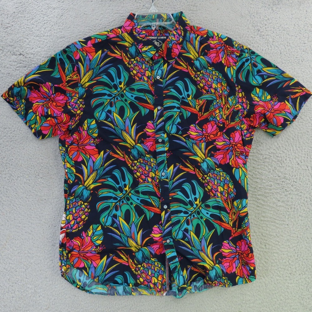 Amongst Others Hawaiian Shirt Mens Large Pink Green Floral Short Sleeve